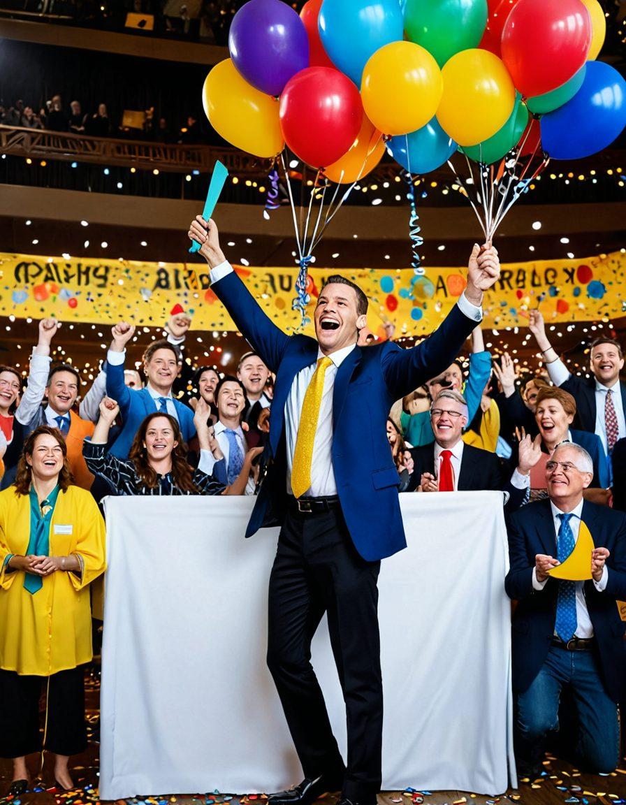 A lively auction scene with diverse participants joyfully raising their paddles, colorful banners floating in the air, and a charismatic auctioneer passionately engaging the crowd. The atmosphere is filled with excitement and anticipation, surrounded by vibrant decorations and an array of unique items up for bid. Include bright balloons and confetti for a festive touch. vibrant colors. super-realistic.