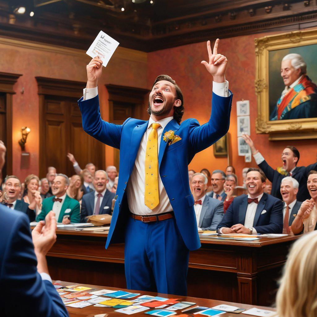 A vibrant auction scene featuring enthusiastic bidders at a lively auction house, showcasing diverse individuals with optimistic expressions, raising paddles in excitement. Include an auctioneer passionately engaging the audience, colorful bid cards flying through the air, and a backdrop of valuable art and collectibles being auctioned. The atmosphere should radiate energy and optimism. super-realistic. vibrant colors. bustling background.