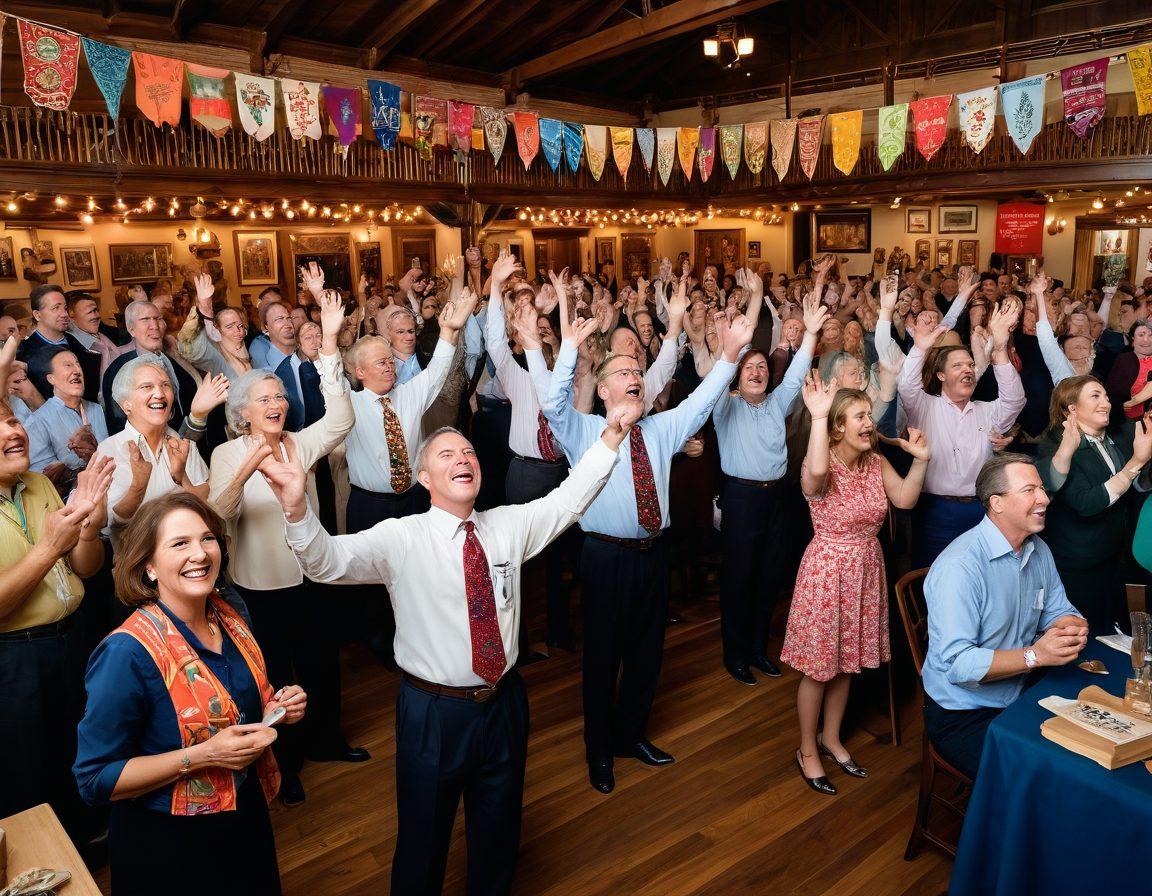 A vibrant auction scene showing enthusiastic bidders with cheerful expressions, raising their paddles excitedly. Include colorful decorations and banners that promote a friendly atmosphere, with items being auctioned like unique collectibles, art pieces, and antiques. In the background, a friendly auctioneer engaging with the crowd, creating a sense of excitement and camaraderie. Incorporate warm light and dynamic movement to evoke a joyful atmosphere. super-realistic. vibrant colors. 3D.